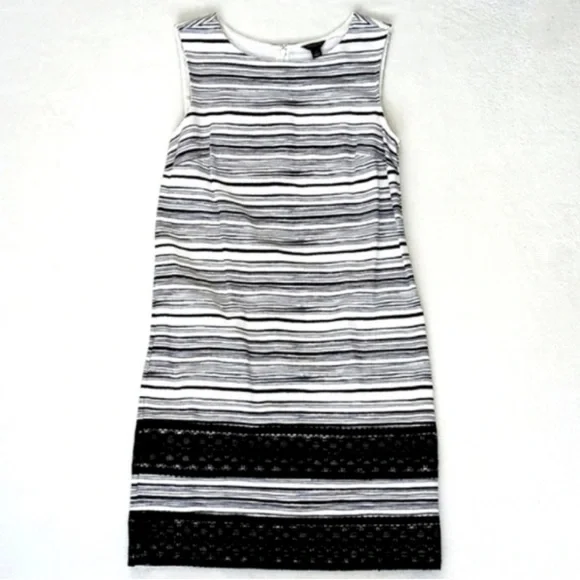Ann Taylor White Black Stripe Lace Rayon Nylon Sleeveless Classic Shift Dress 2 - Picture 2 of 14